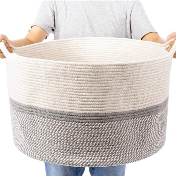 XXL Extra Large Cotton Rope Woven Basket, Throw Blanket Storage Basket w/ Handle - Picture 1 of 9